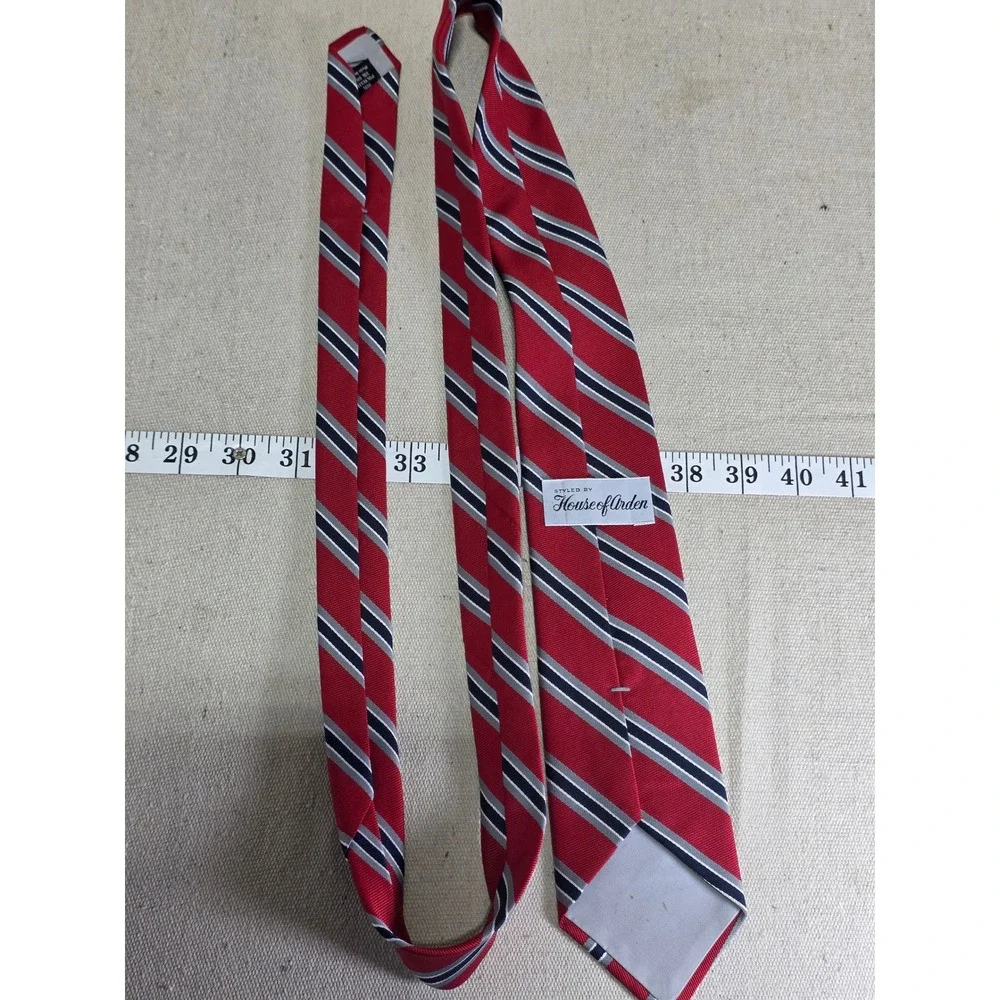 House of Arden Mens Red Navy Blue Silver Striped Silk Blend Necktie 2855